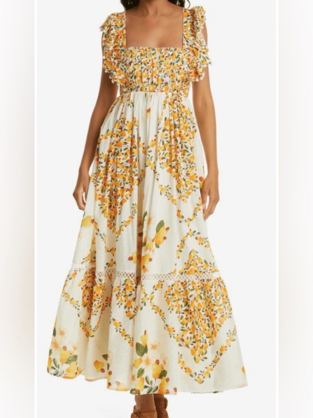 FARM Rio White Maxi Dress with Yellow Orange Floral Print